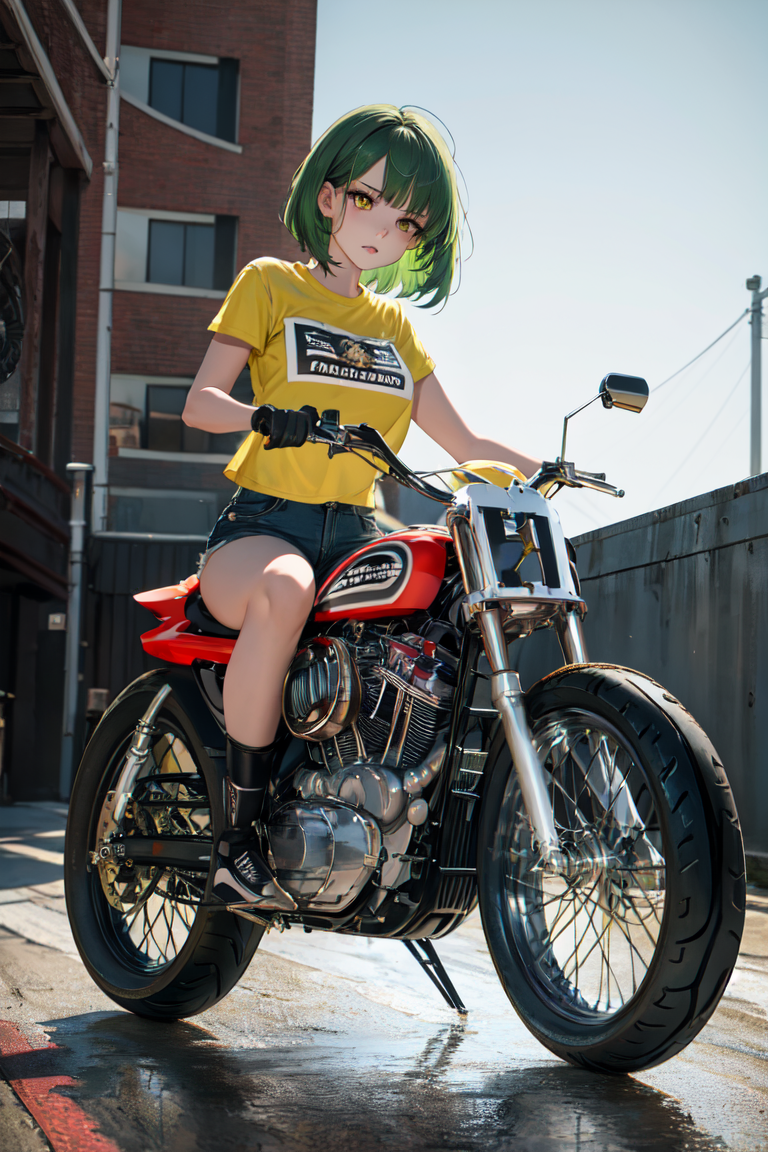 2497613-2034341495-masterpiece, best quality, absurdres, 1girl, solo, XR750, on motorcycle, road, outdoors, green hair, medium hair, yellow eyes, t.png